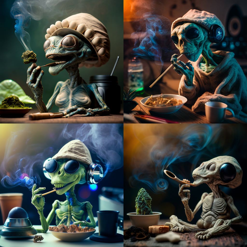 Smoking alien at table - set of 4